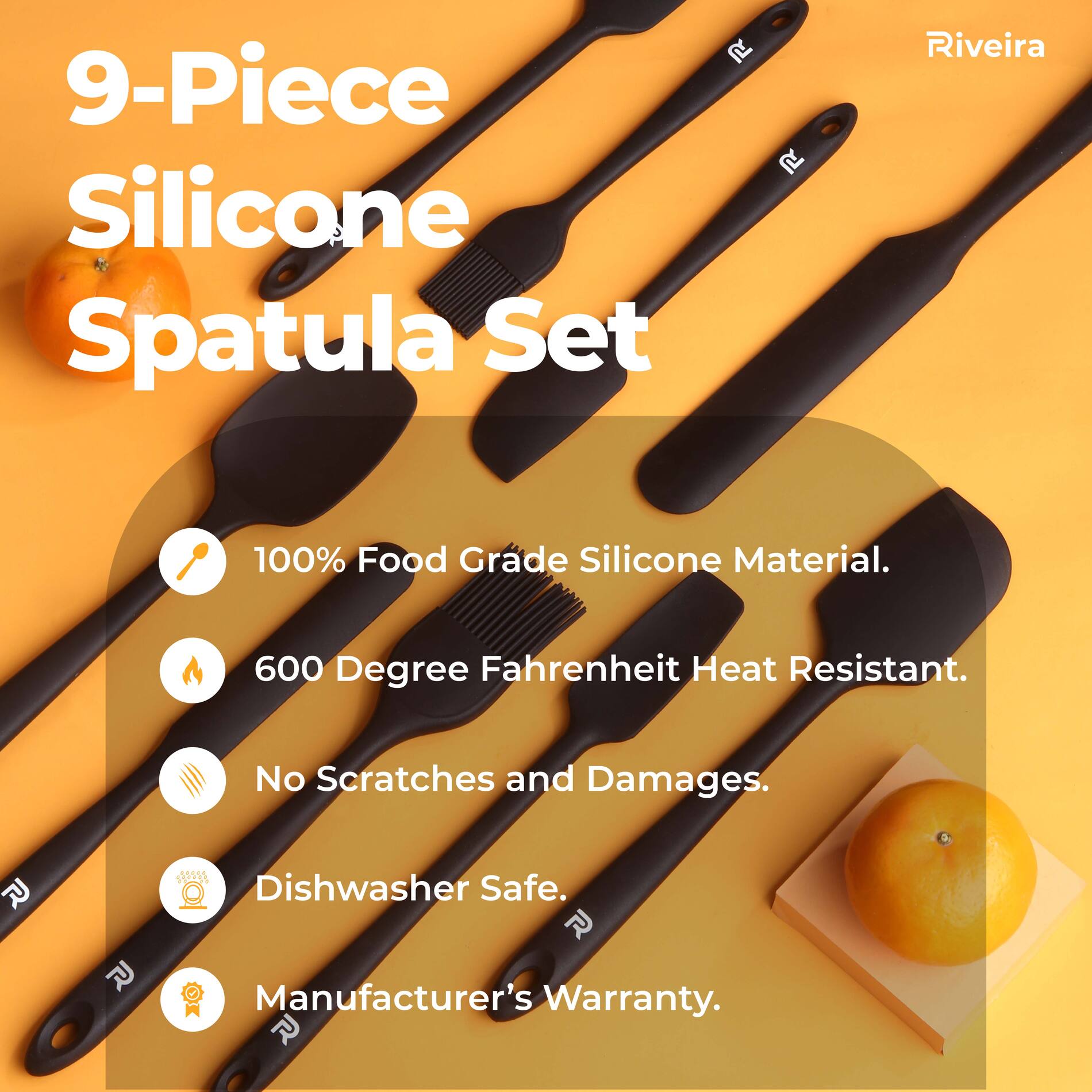 Riveira Silicone Spatula Set 9-Piece 600°F+ Heat Resistant kitchen utensils set Cooking Utensils Set Plastic Rubber Spatulas for Nonstick Cookware Baking Spoon Sets for Kitchen in Black