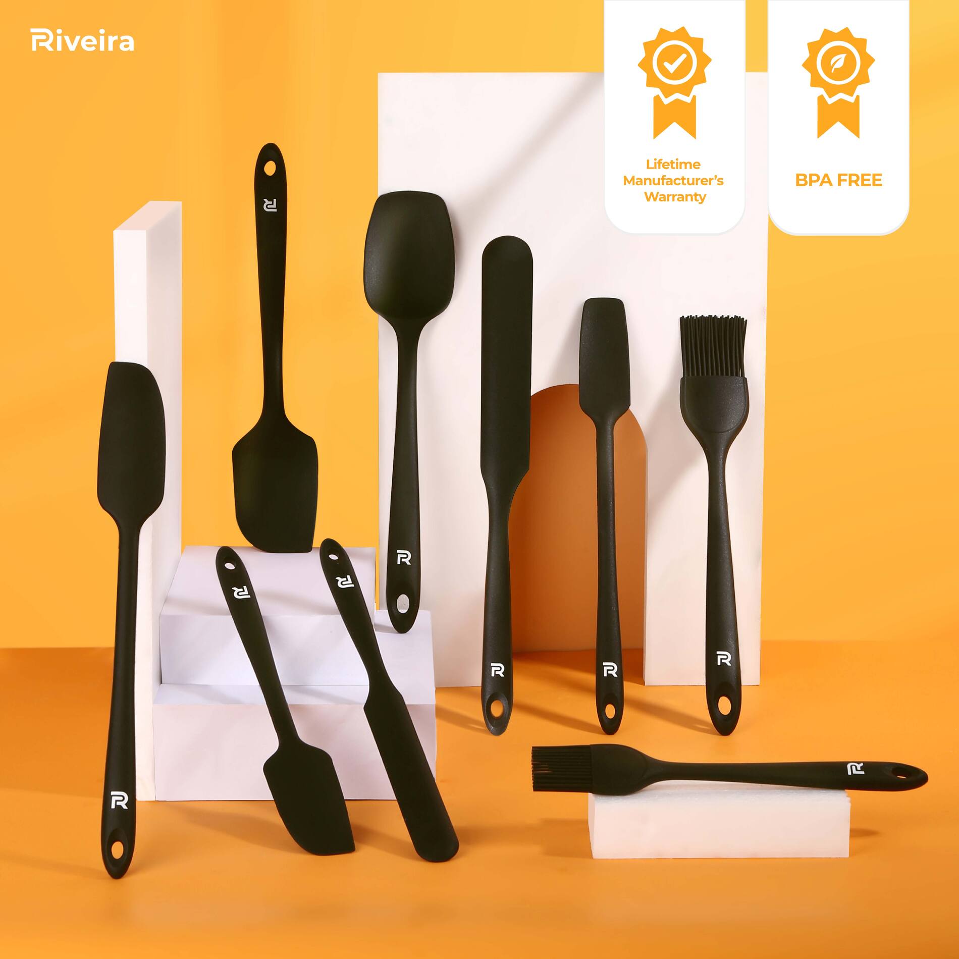 Riveira Silicone Spatula Set 9-Piece 600°F+ Heat Resistant kitchen utensils set Cooking Utensils Set Plastic Rubber Spatulas for Nonstick Cookware Baking Spoon Sets for Kitchen in Black